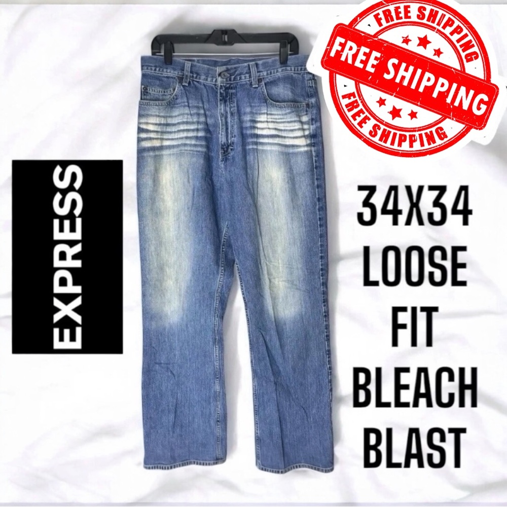 Vintage Express Jeans Mens 34x34 Blue Bleach Blast Street Y2K Baggy Skater Loose